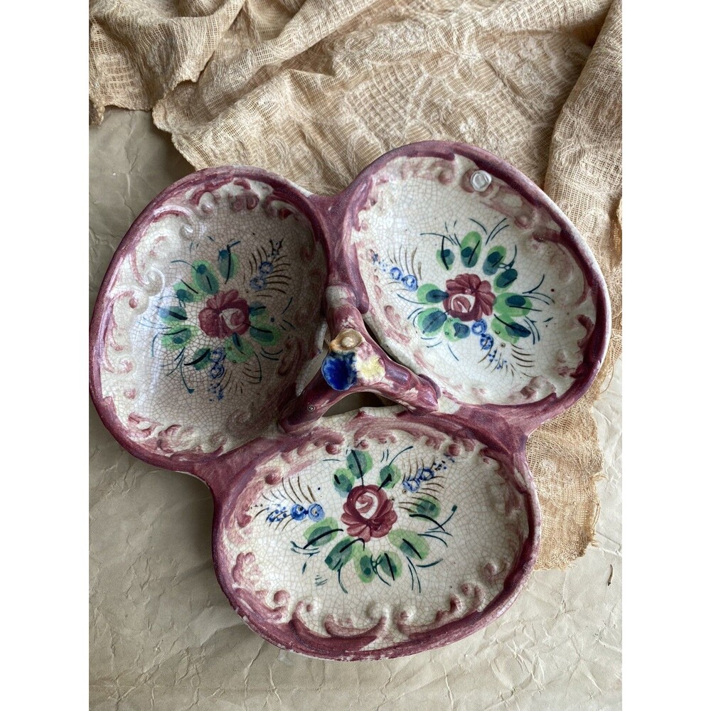 Ceramic Divided 3 Section Candy Relish Condiment Dish Made in Japan Red Floral